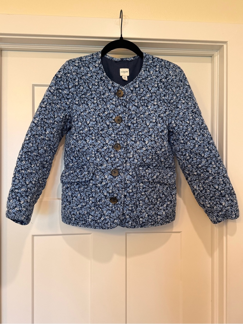 J. Crew Quilted Jacket Women's Sz 2P Blue Ditsy Floral Print Cottagecore Preppy